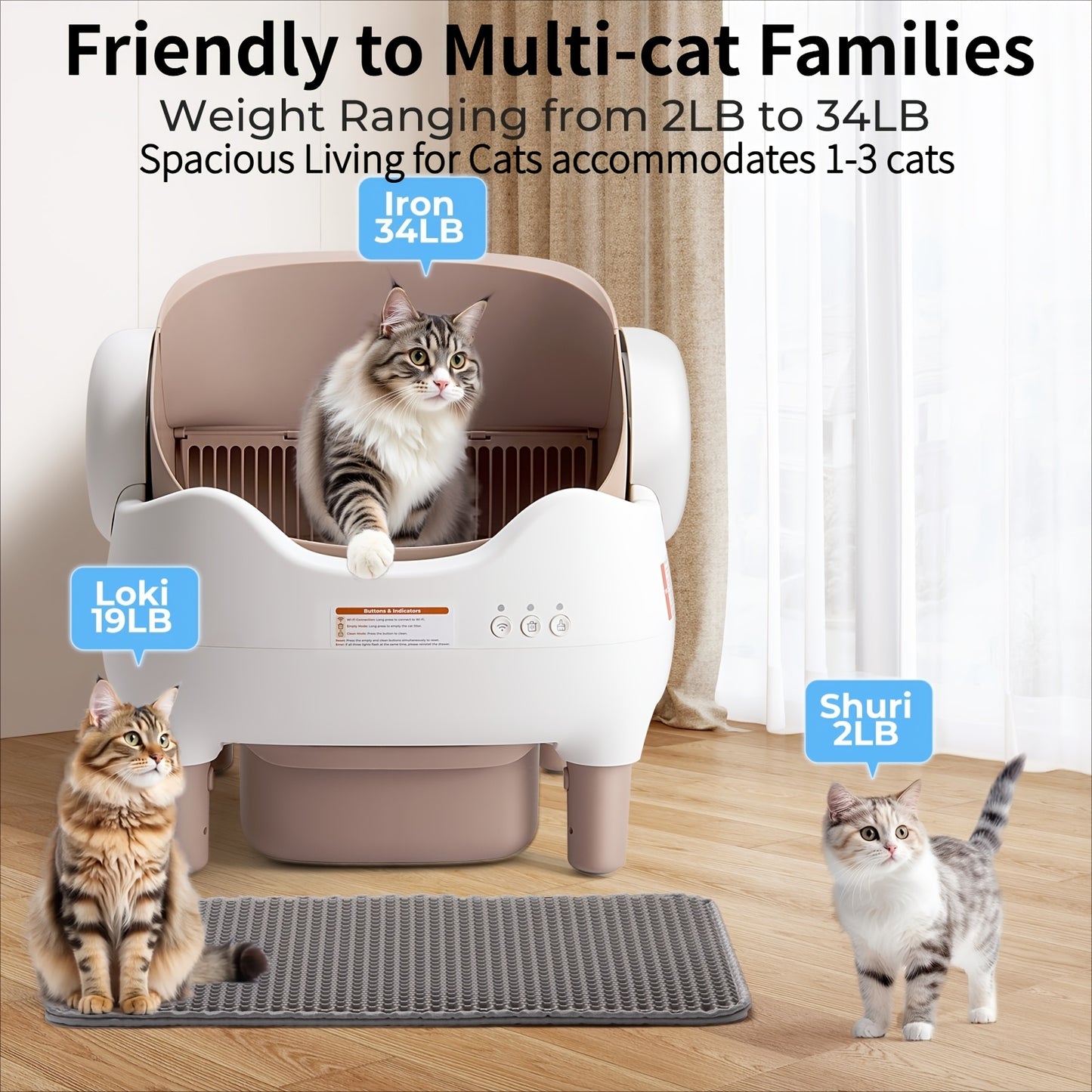 Smart Open‑Top Self‑Cleaning Cat Litter Box, App‑Controlled Automatic Litter Box with Odor Removal & Ambient Light, Large Waste Bin for Multi‑Cat Families