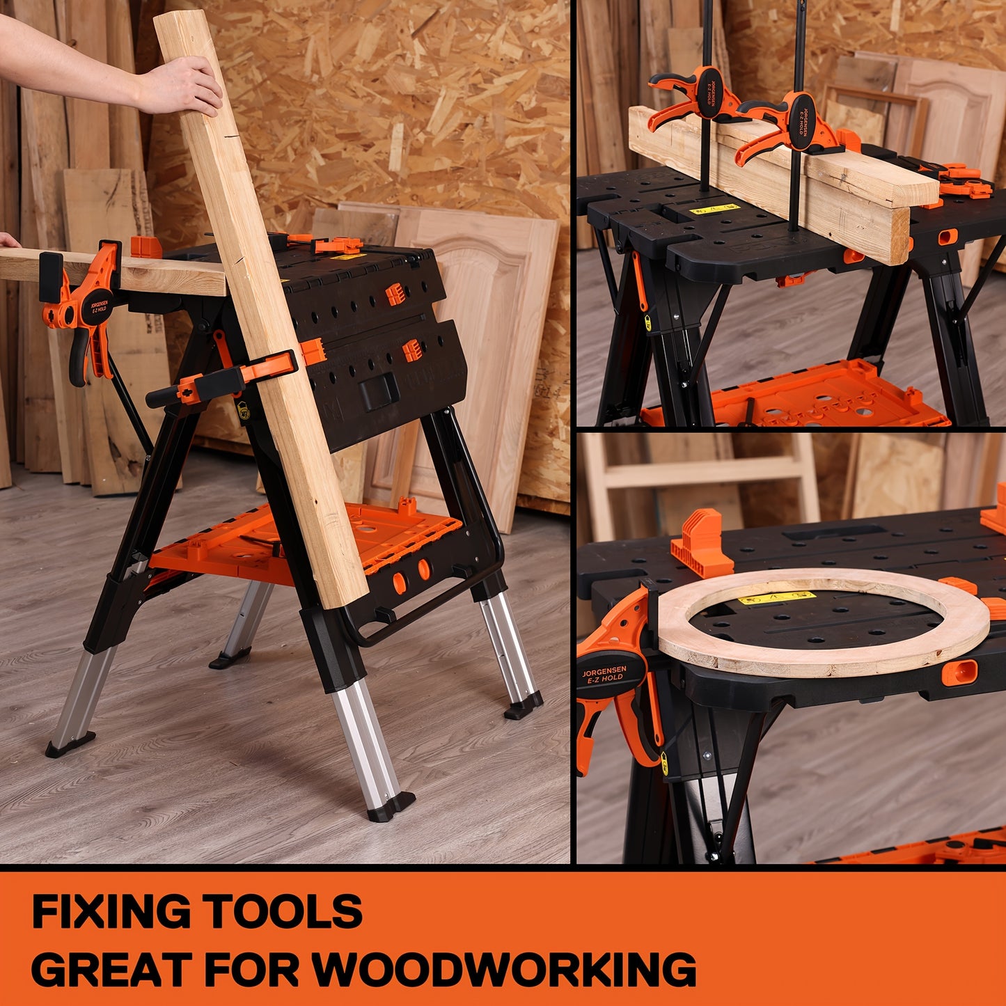 2‑in‑1 Aluminum Folding Workbench & Sawhorse, Portable Heavy‑Duty Work Table 1000/500 Lbs Load Capacity, Adjustable Height with Clamps, Bench Dogs & Safety Straps