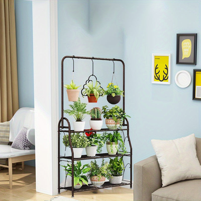 Dark Grey 3-Tier Metal Plant Stand, Indoor Outdoor Hanging Plant Shelf, Multi Flower Pot Holder for Balcony Garden and Home Decor