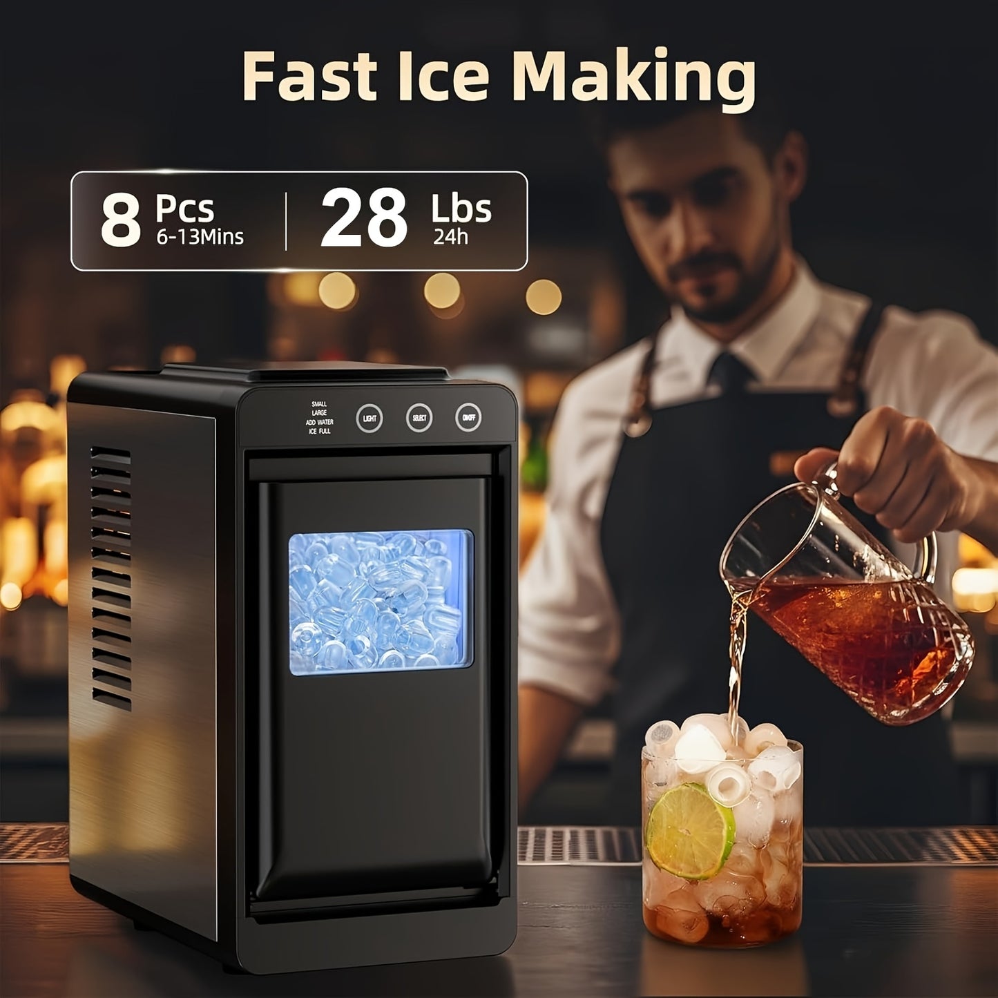 Portable Countertop Ice Maker, 28Lbs/24Hrs Fast Ice Machine with Self-Cleaning Function, Quiet Compact Ice Maker for Home Kitchen RV Outdoor Use