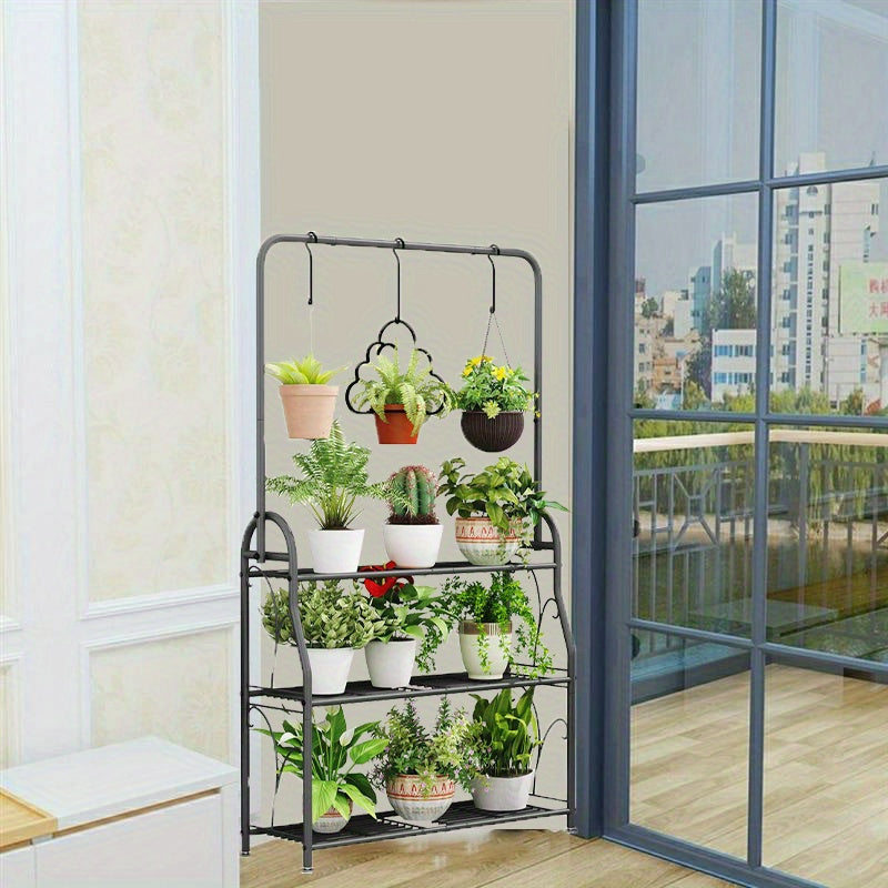 Dark Grey 3-Tier Metal Plant Stand, Indoor Outdoor Hanging Plant Shelf, Multi Flower Pot Holder for Balcony Garden and Home Decor