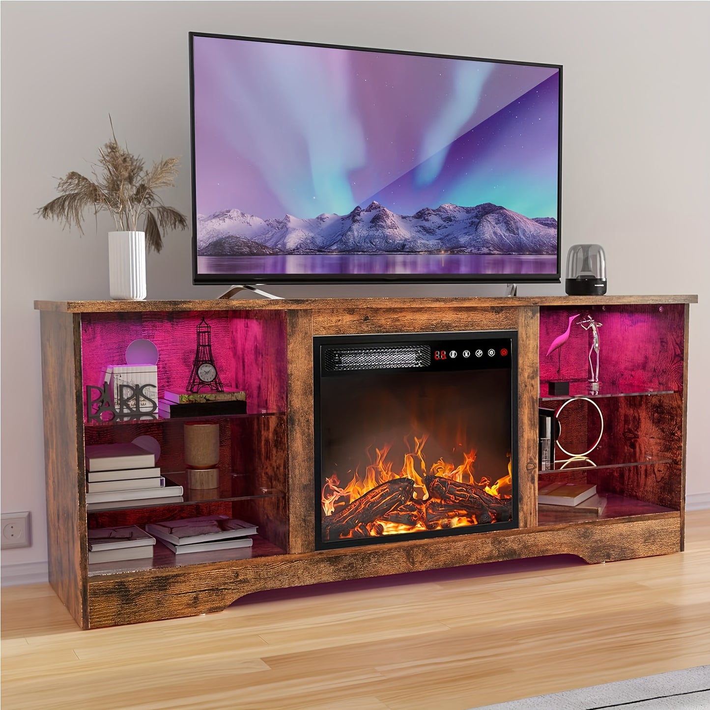 65 Inch Fireplace TV Stand, Modern Entertainment Center with 18 Inch Electric Fireplace, Media Console Cabinet with Glass Shelves & Storage for Living Room Farmhouse Decor