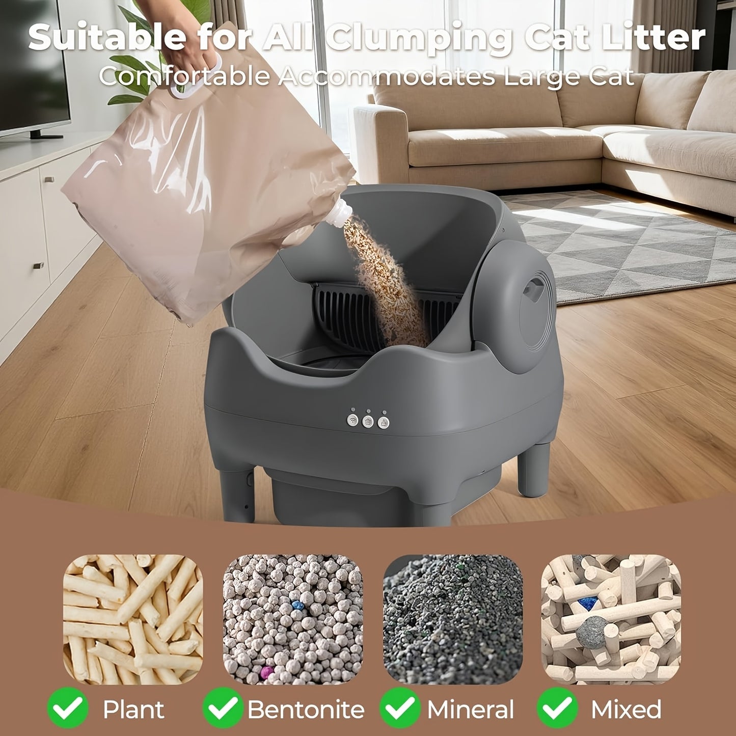 Smart Open‑Top Self‑Cleaning Cat Litter Box, App‑Controlled Automatic Litter Box with Odor Removal & Ambient Light, Large Waste Bin for Multi‑Cat Families