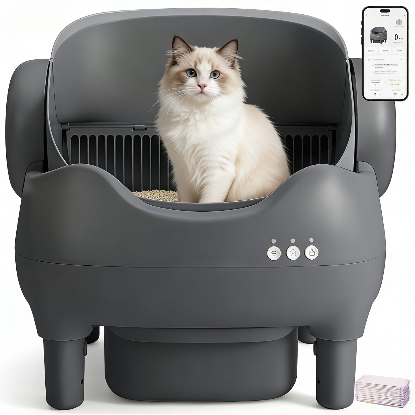Smart Open‑Top Self‑Cleaning Cat Litter Box, App‑Controlled Automatic Litter Box with Odor Removal & Ambient Light, Large Waste Bin for Multi‑Cat Families