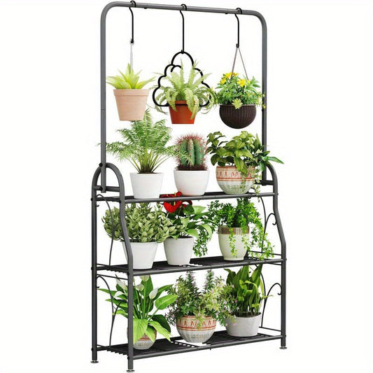 Dark Grey 3-Tier Metal Plant Stand, Indoor Outdoor Hanging Plant Shelf, Multi Flower Pot Holder for Balcony Garden and Home Decor