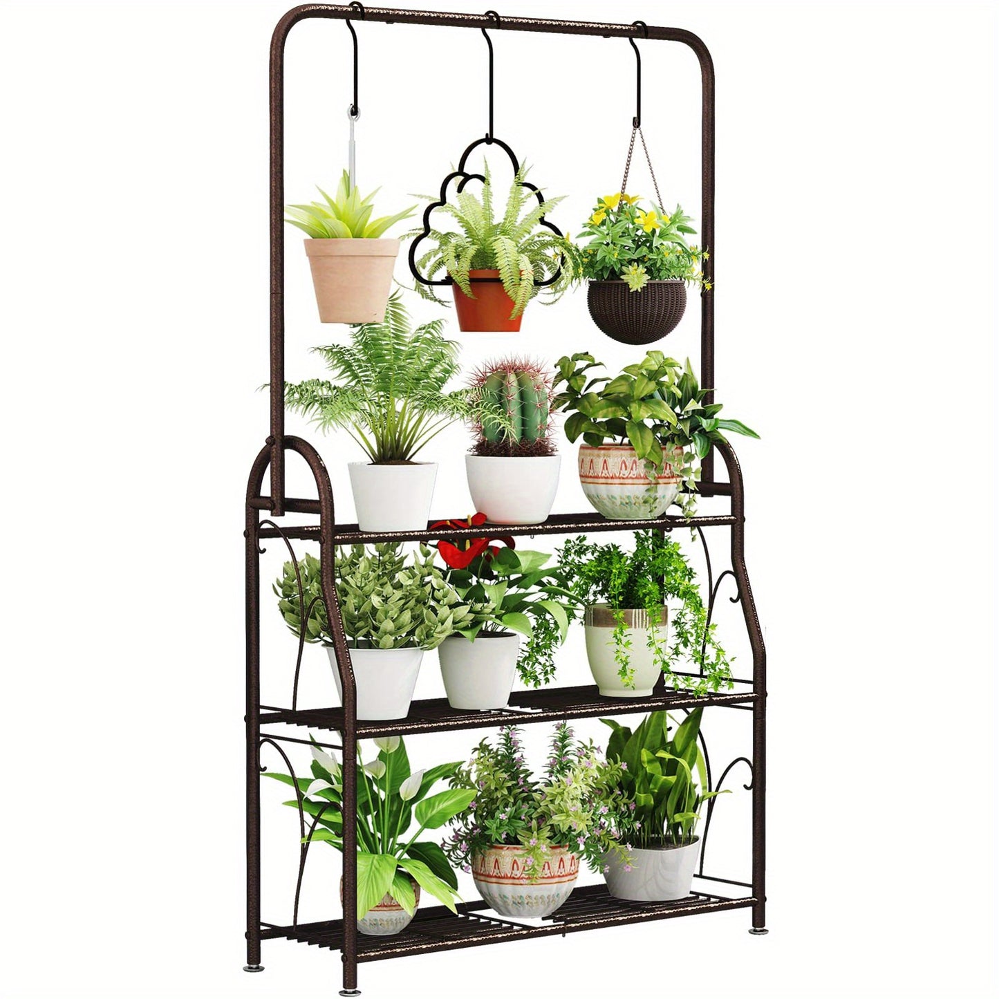 Dark Grey 3-Tier Metal Plant Stand, Indoor Outdoor Hanging Plant Shelf, Multi Flower Pot Holder for Balcony Garden and Home Decor