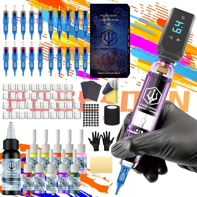 POSEIDON Tattoo Machine Kit Tattoo Gun Kit Complete Set With 20 Tattoo Needles 1500mAh Battery, Tattoo