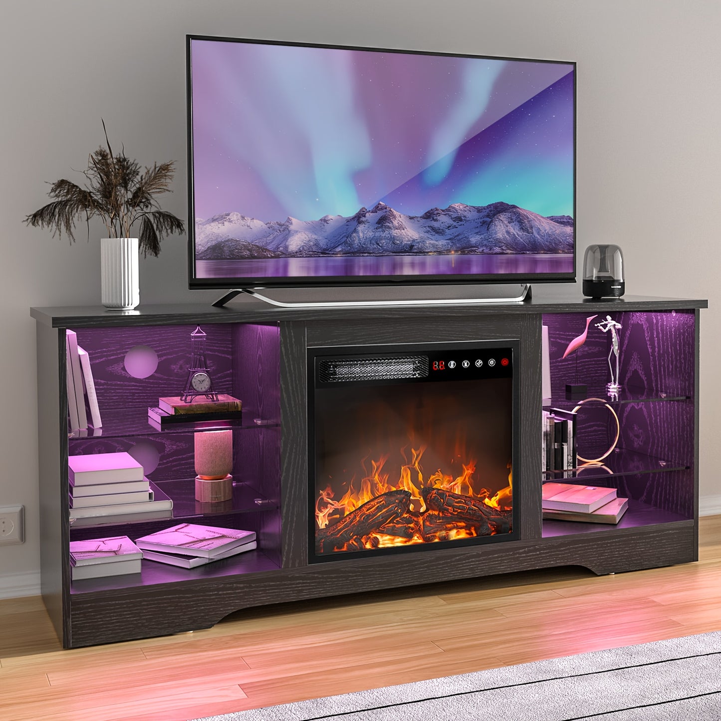 65 Inch Fireplace TV Stand, Modern Entertainment Center with 18 Inch Electric Fireplace, Media Console Cabinet with Glass Shelves & Storage for Living Room Farmhouse Decor