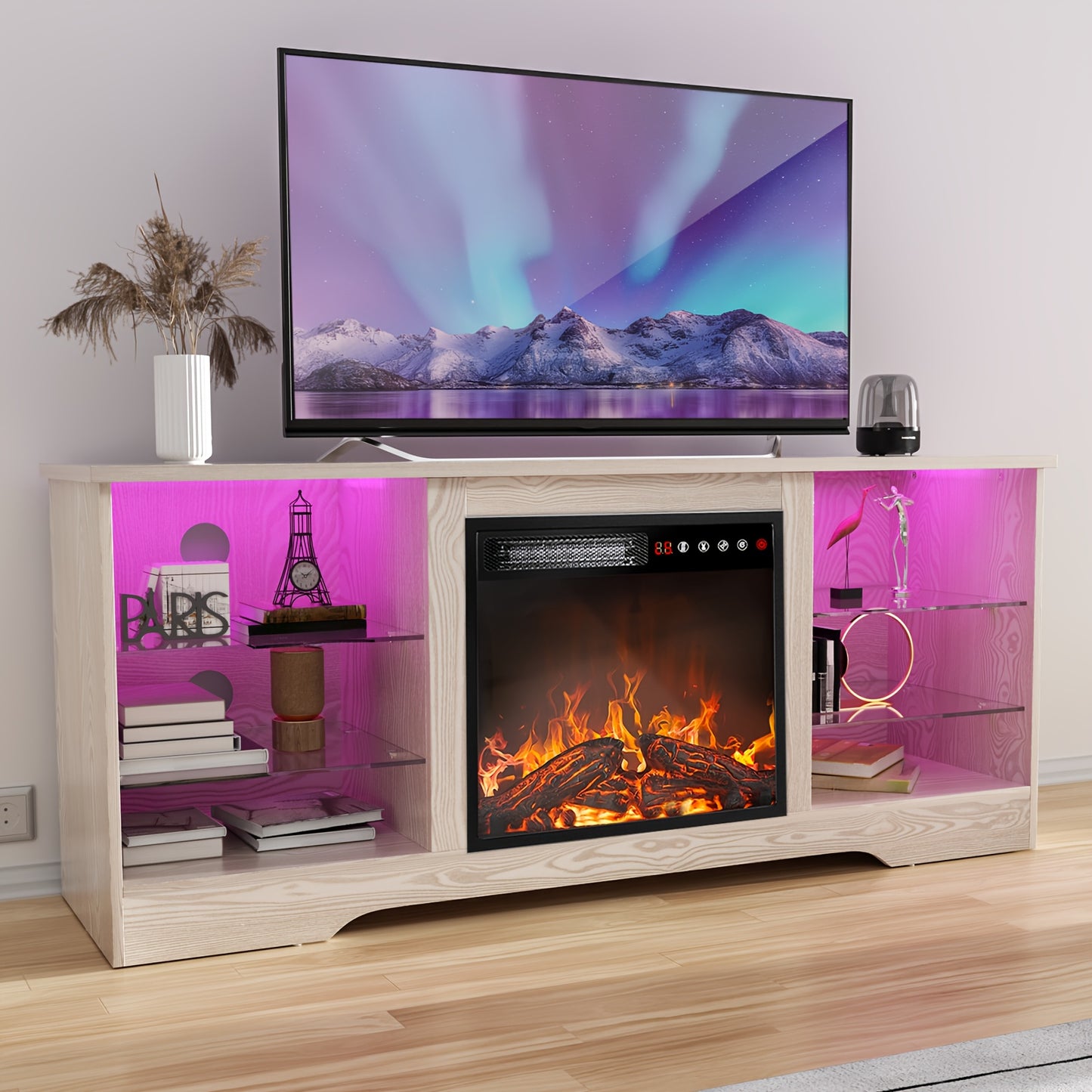 65 Inch Fireplace TV Stand, Modern Entertainment Center with 18 Inch Electric Fireplace, Media Console Cabinet with Glass Shelves & Storage for Living Room Farmhouse Decor