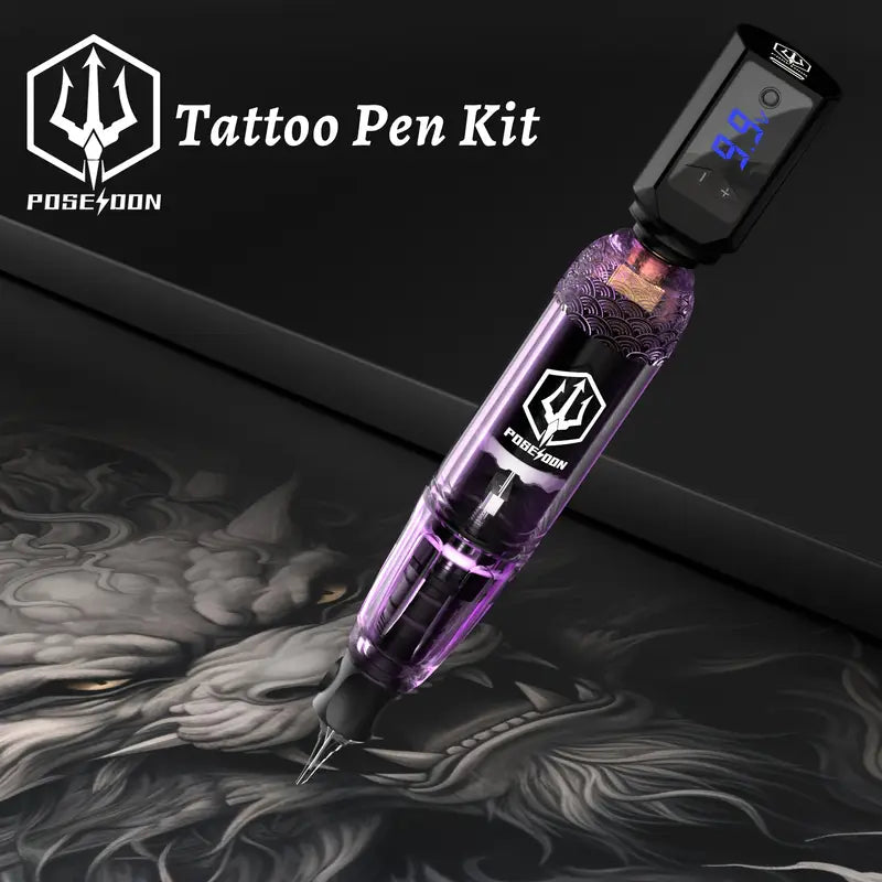 POSEIDON Tattoo Machine Kit Tattoo Gun Kit Complete Set With 20 Tattoo Needles 1500mAh Battery, Tattoo
